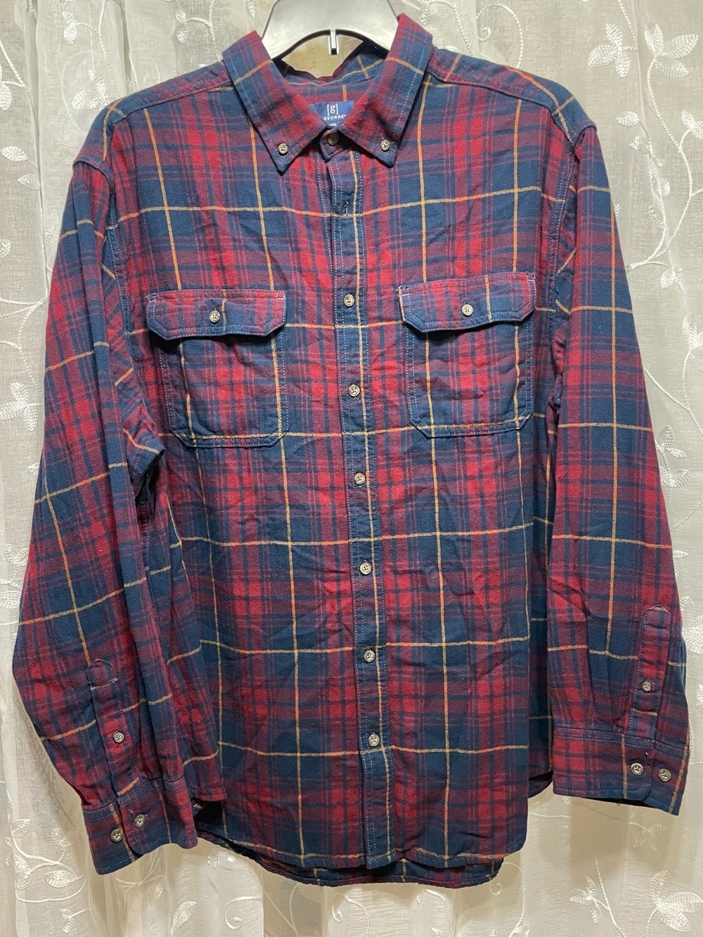 George Red and Blue Plaid Long-Sleeve Button-Down Shirt